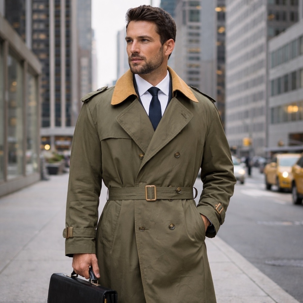 London Fog Classic Towne Olive Green Trench Coat zip out lining suede collar 46L